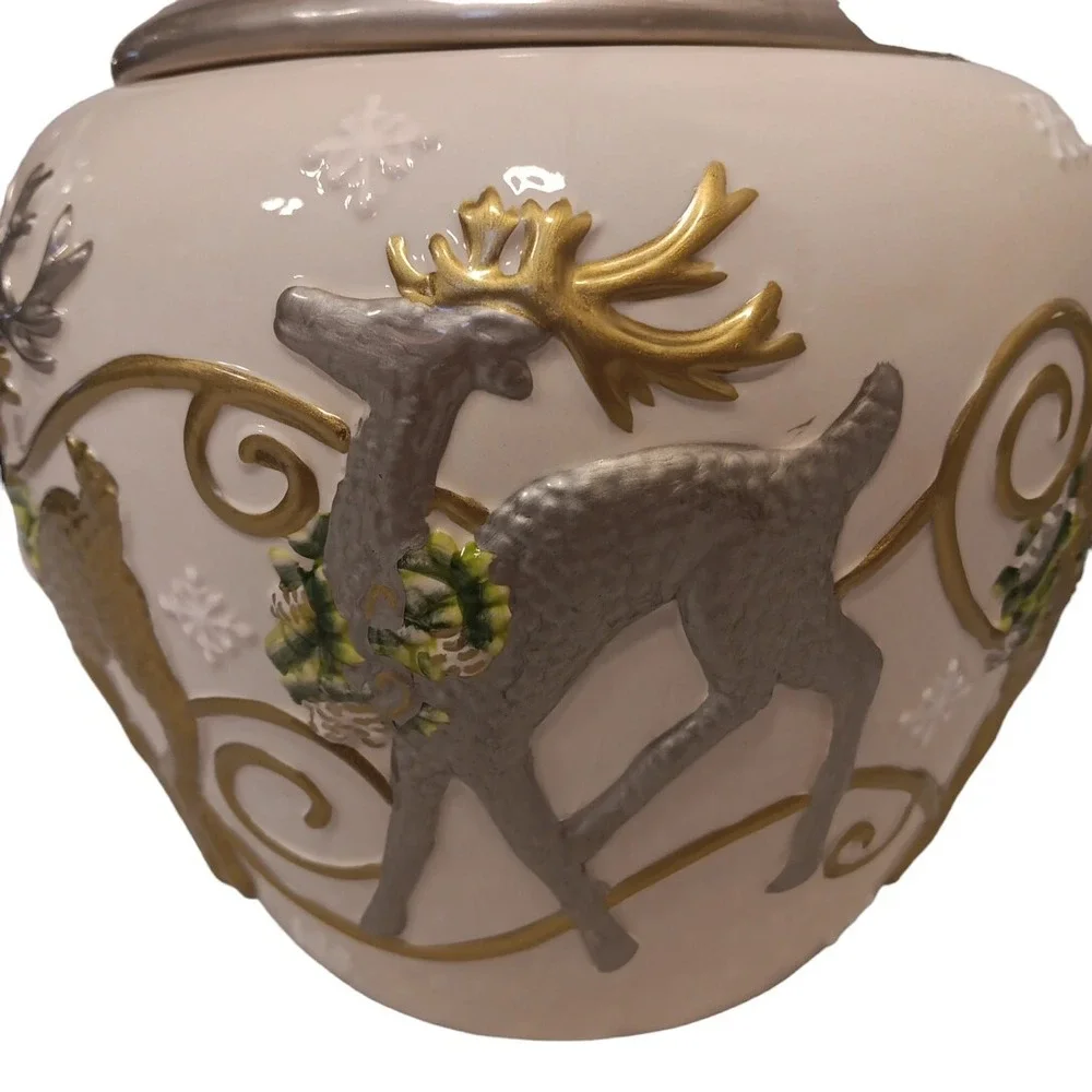 Cheryl & Co. Gold Silver White Vintage Ceramic Christmas 3D Reindeer Cookie Jar